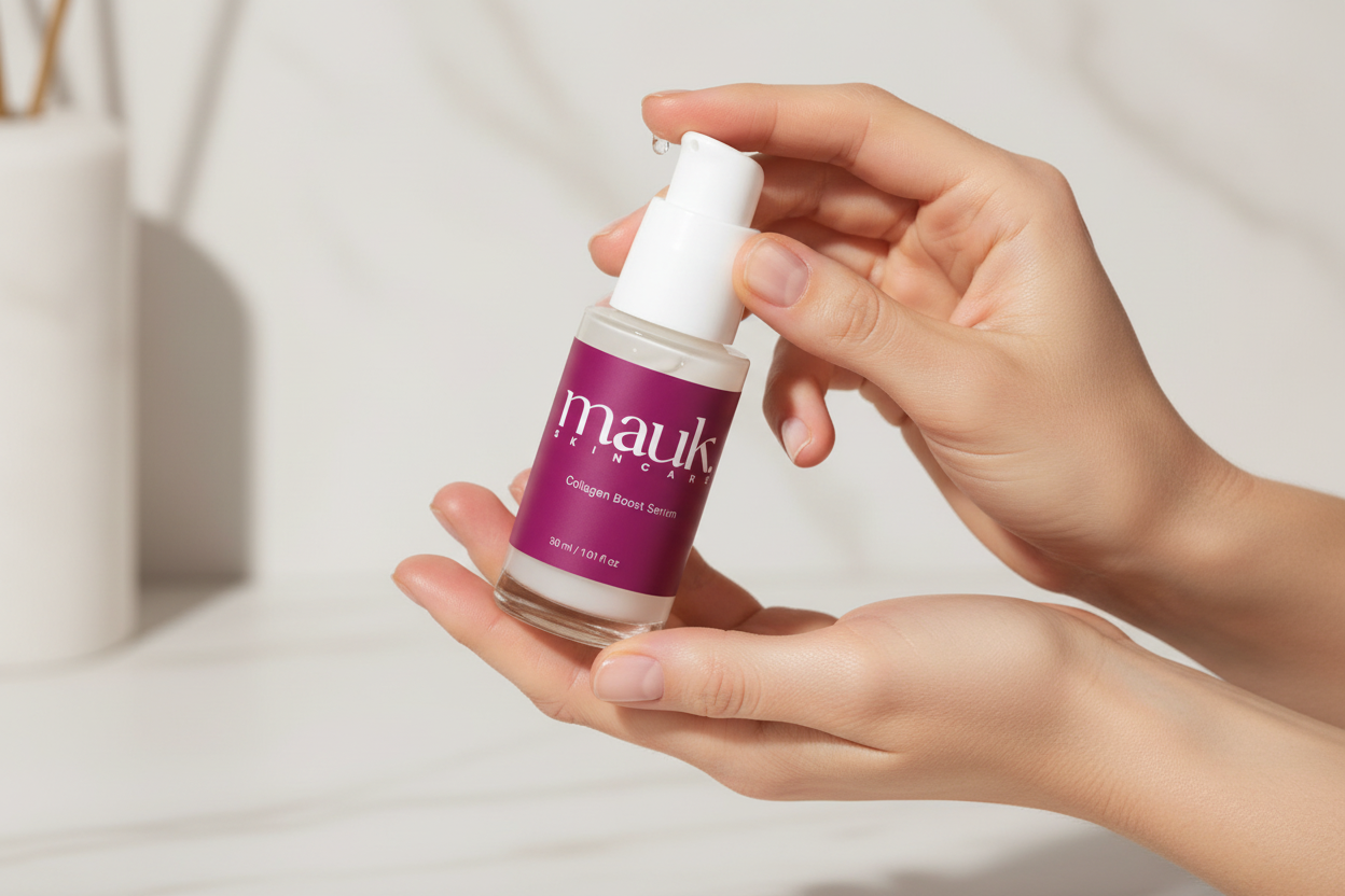 Model houdt Collagen Boosting Face Serum vast - premium skincare fotografie