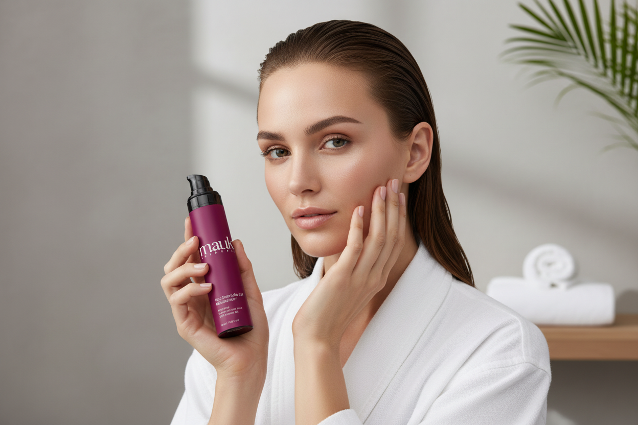 Model houdt Niacinamide Brightening Gel Moisturizer vast - premium skincare fotografie