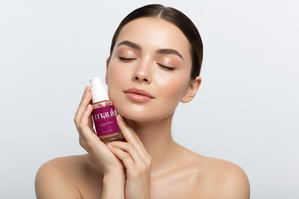 Model houdt Anti-Aging Peptide Serum vast - premium skincare fotografie